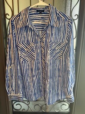 Notations Blue and White Vertical Stripe Button-Up Shirt